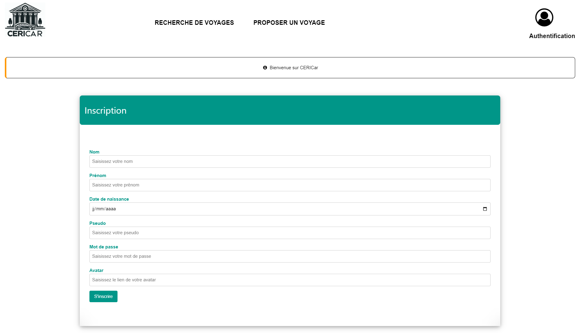 Page d'inscription